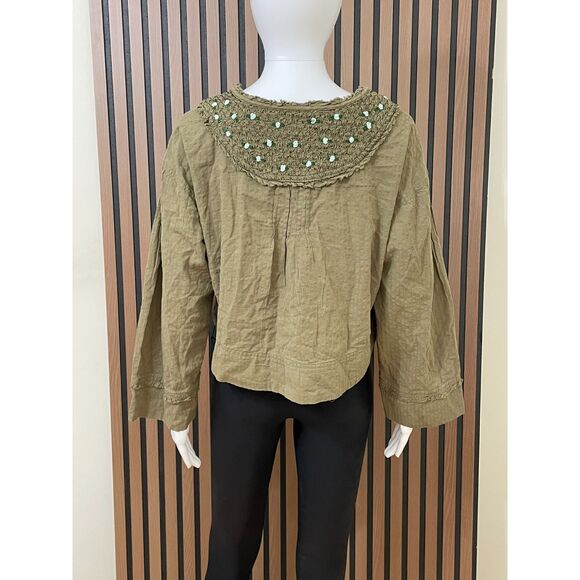 Free People Intimately Women's S Green Blouse Cotton Top Front Button Embroidery - Picture 2 of 9
